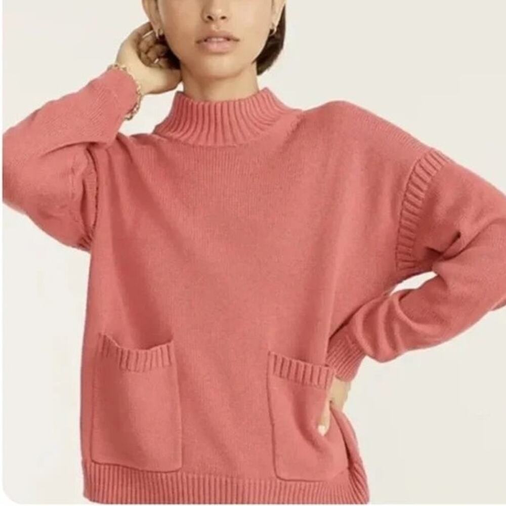 J. Crew Cotton Cashmere Patch Pocket Mockneck Sweater XS Coral BA320